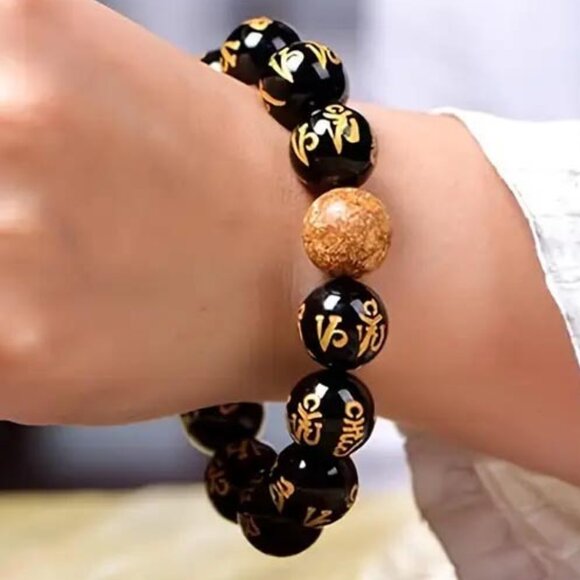 NEW BRIGHT GOLDEN OBSIDIAN STONE BEADS STRETCH MANTRA BUDDHIST BRACELET 36 - Picture 2 of 2